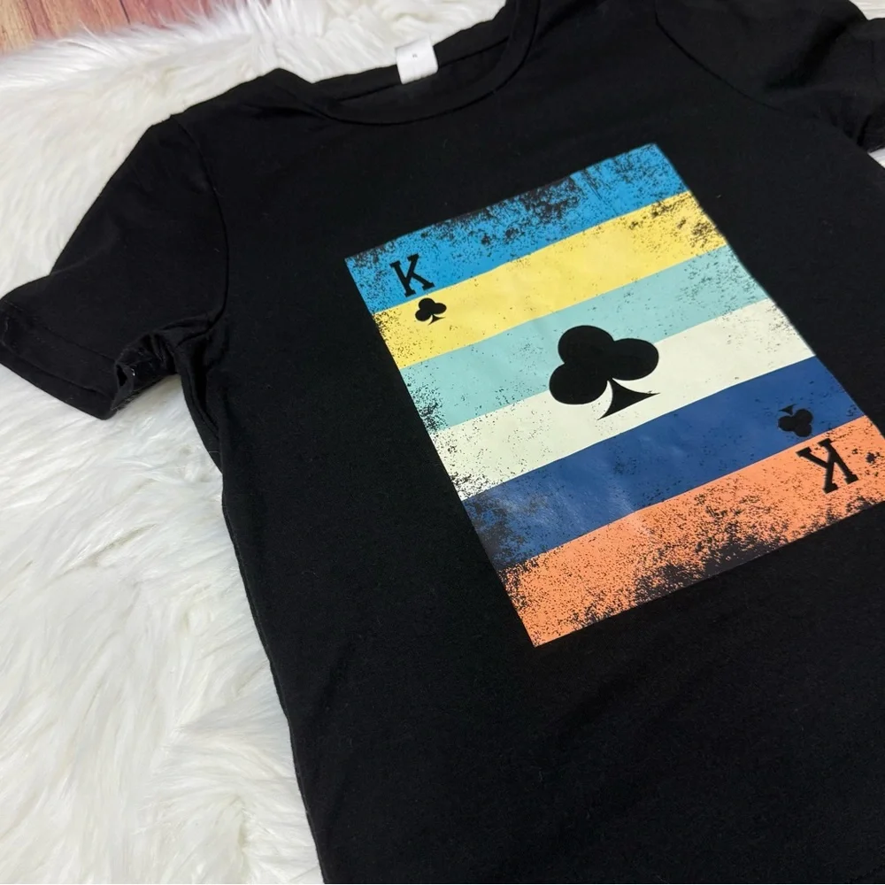 SHEIN Youth Boy Size 7Y Black Short Sleeve Tee with Colorful Card Design